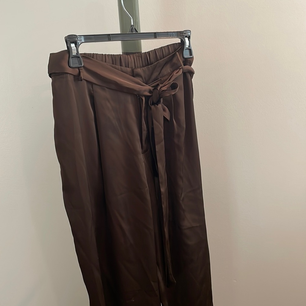 Chocolate brown satin crop work/ dress pants with elastic waste and tie
